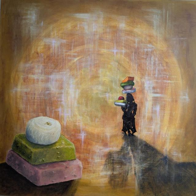 painting by Usha dapur Kar. A silhouette of a young girl next to a pile of oversized Indian sweets.