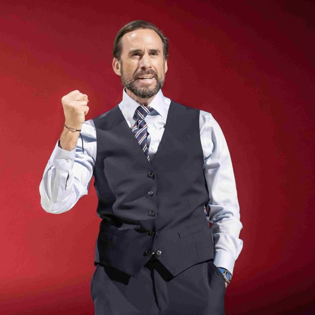 Joseph Fiennes on stage as Gareth Southgate