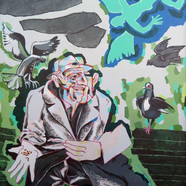 An abstract painting of a man surrounded by birds.