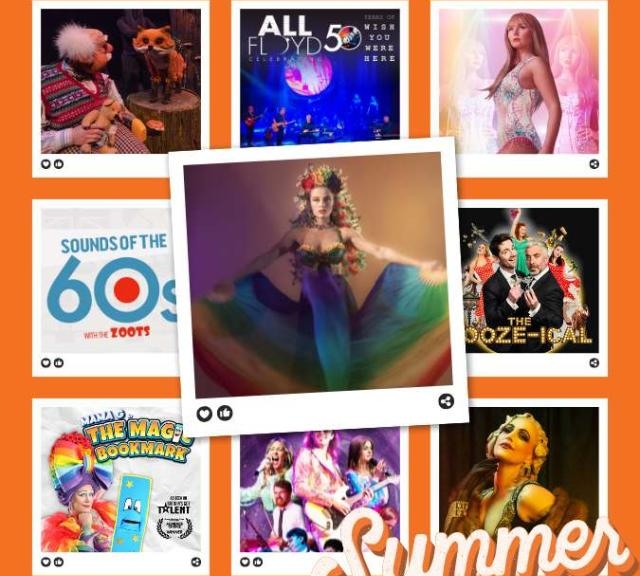 An advert for the Cornerstone summer season featuring a collage of images from many of the summer shows.