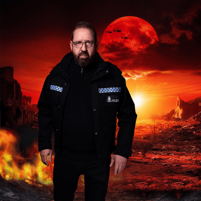 An image of Alfie Moore wearing a police uniform against an apocalyptic background.