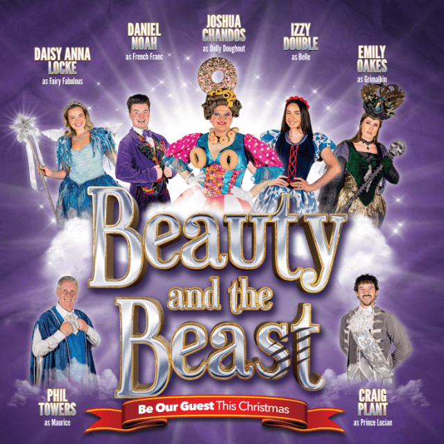 Poster artwork for the panto Beauty and the Beast featuring the cast members.