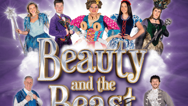Poster artwork for the panto Beauty and the Beast featuring the cast members.