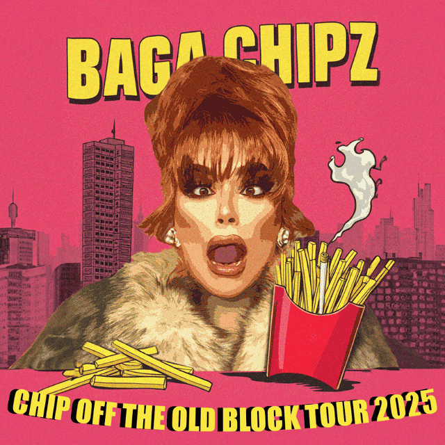 Poster artwork of the British drag queen Baga Chipz looking glam and wearing a fur coat promoting her 