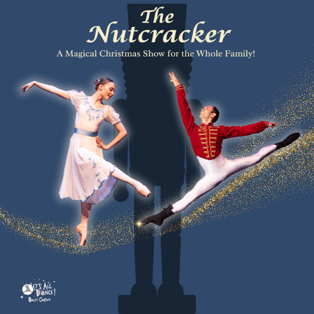 An advertisement for The Nutcracker with a picture of the girl Clara and the nutcracker.
