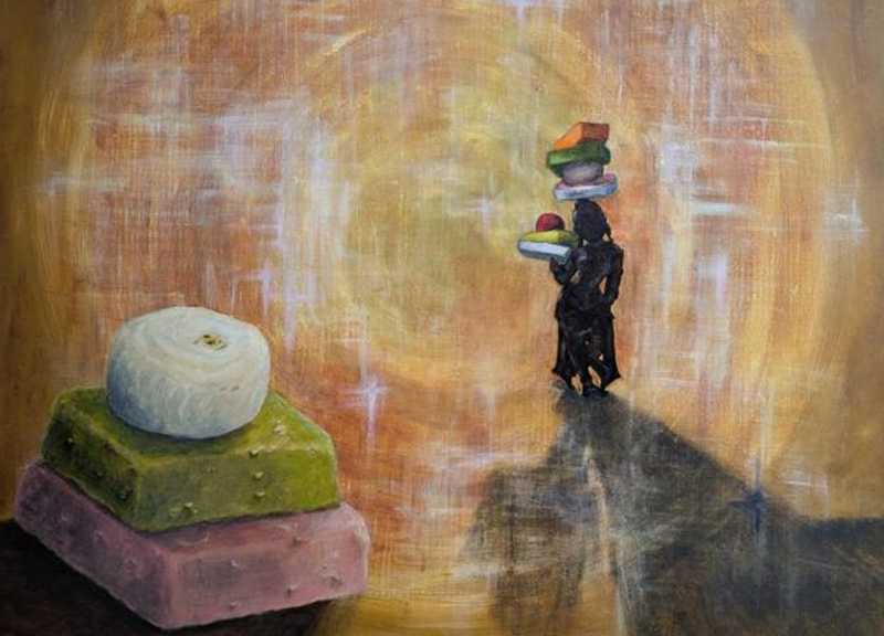 An oil painting of a person carrying books.