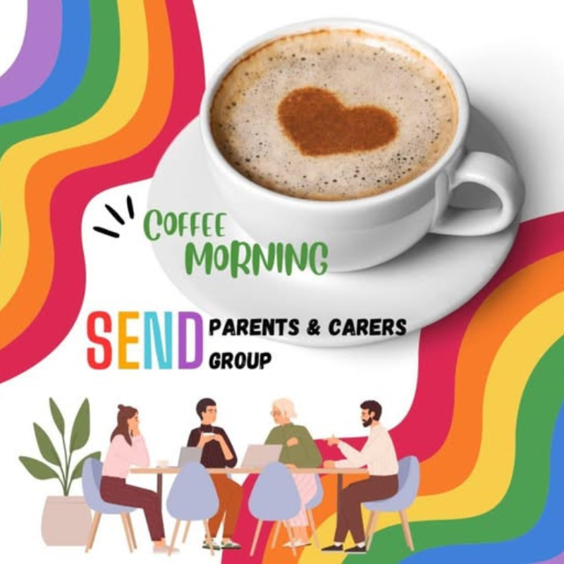SEND parents and carers group coffee morning pictured with a lovely cup of coffee and some illustrations of people having a chat.