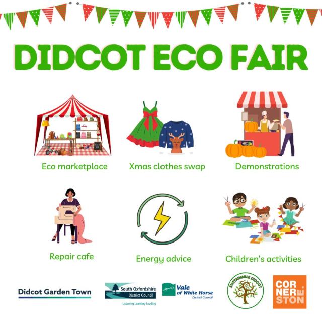 Didcot Eco Fair with images of some of the activities you can get involved with including Eco Marketplace, Xmas Clothes Swap, Engery advice and more