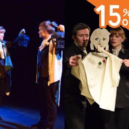 Images from the stage production of The Picture of Dorian Gray with 15% off in the top right corner